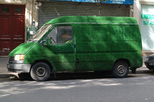 Green transport - van covered with artificial grass