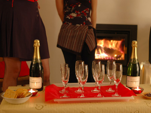Champagne and fireplace